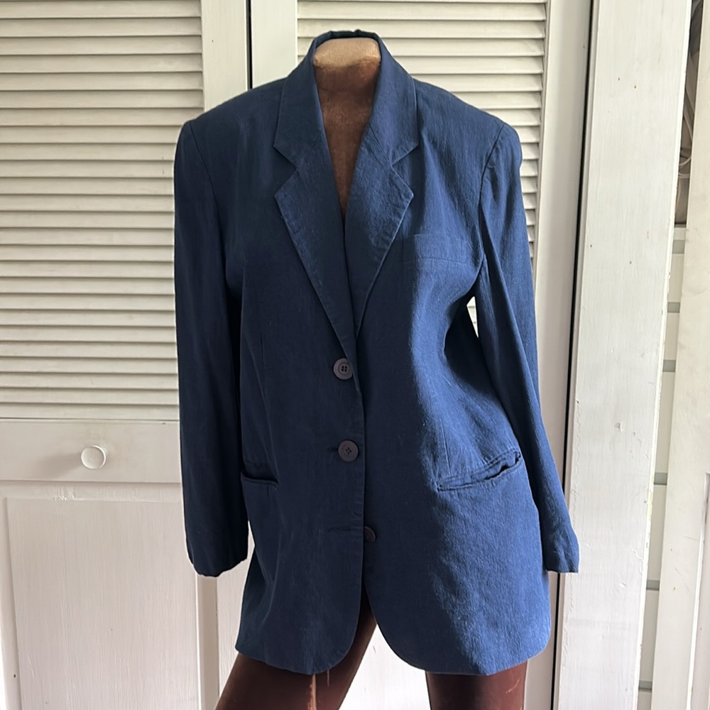 Vintage Express Linen Blazer Navy Blue Size 8